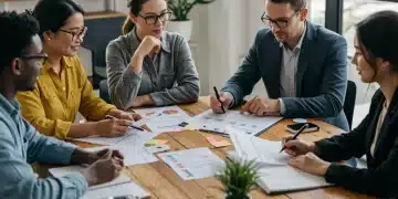 Pessoas colaborando em planejamento estratégico e captação de recursos para projetos sociais, com foco em adaptação futura.