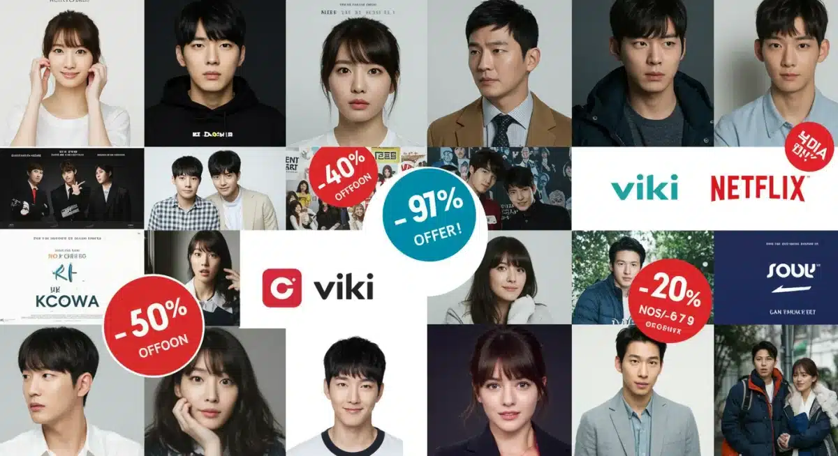 Colagem de pôsteres de K-Dramas populares e logotipos de plataformas de streaming com símbolos de desconto, ilustrando a variedade de conteúdo e ofertas.