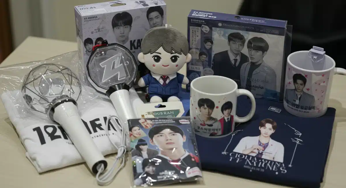 Variedade de produtos oficiais de K-Drama em exibição