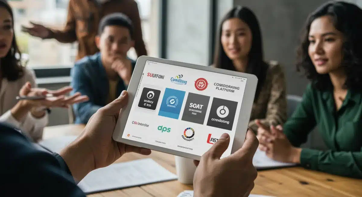 Pessoa utilizando tablet com plataformas de crowdfunding, interagindo com a comunidade em ambiente colaborativo.