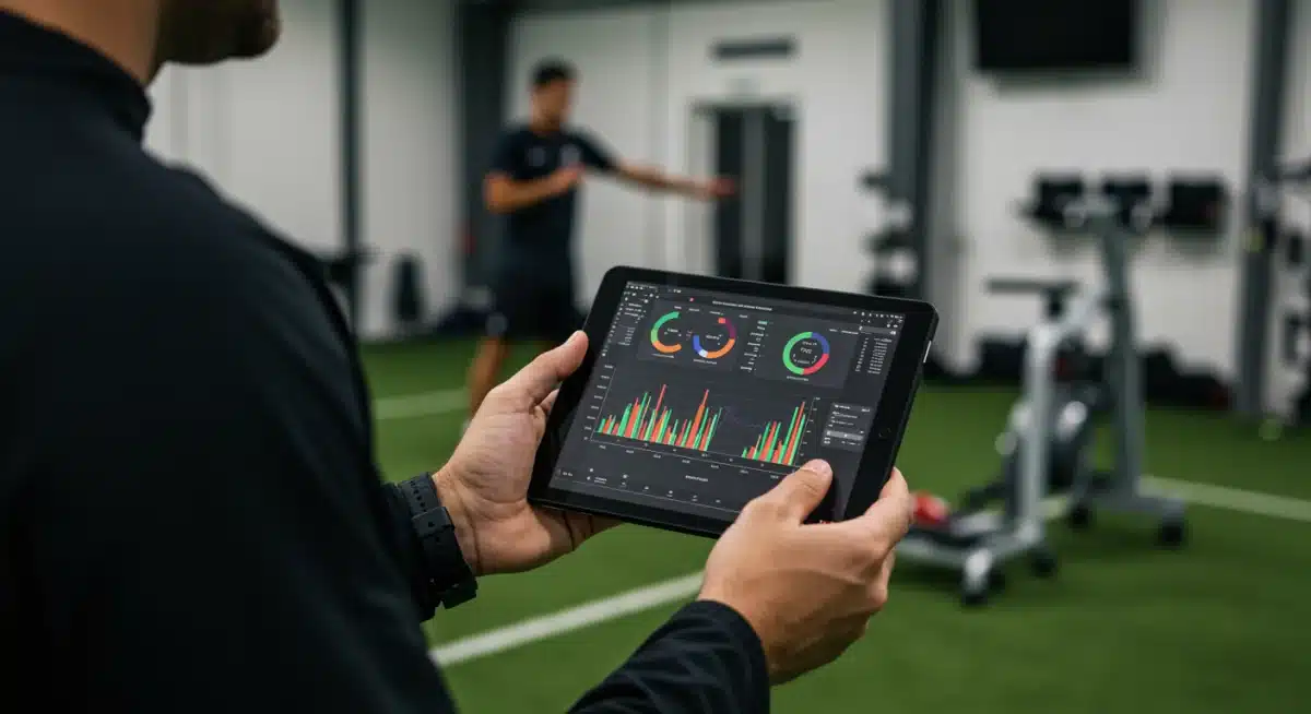 Treinador de futebol analisando dados de desempenho de jogadores em um tablet, destacando a importância da ciência de dados no preparo físico.
