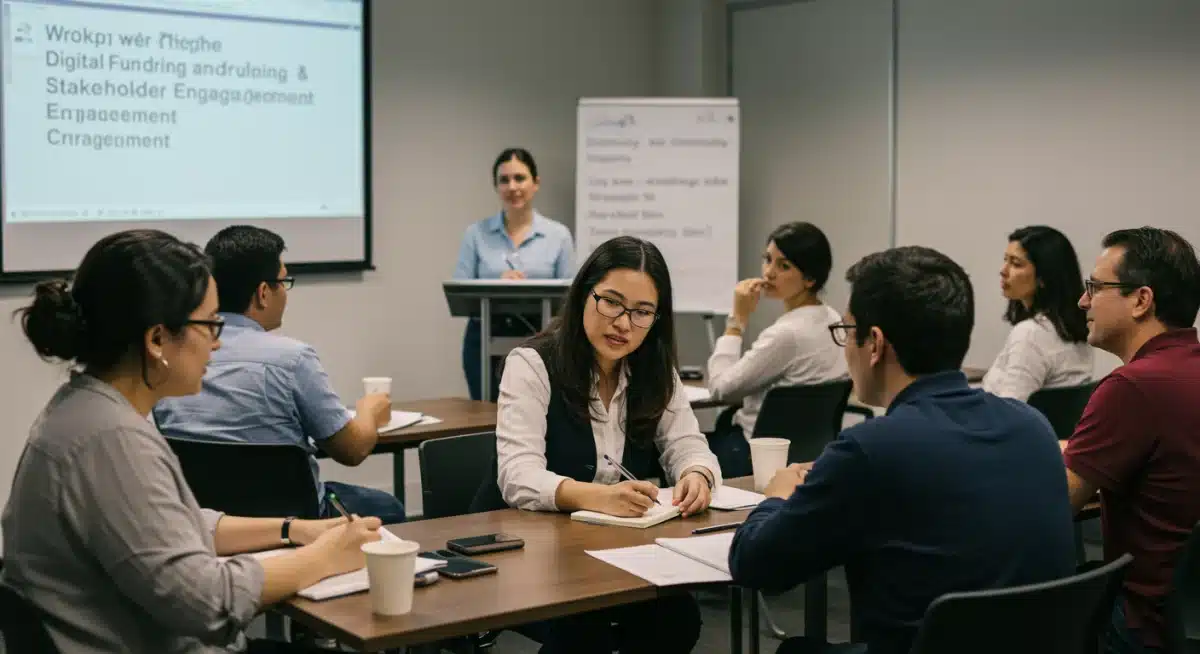 Profissionais de ONGs em workshop sobre captação digital e engajamento de stakeholders, aprendendo novas estratégias.
