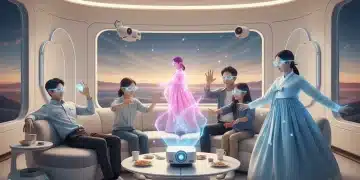 Family enjoying an interactive AR K-drama in their living room, holographic characters blending with reality.