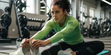 Brazilian athlete stretching after intense training, focusing on muscle recovery.