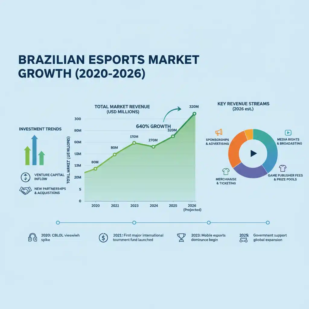 Infographic showing the financial growth and investment trends in the Brazilian eSports market.