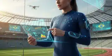 Brazilian athlete utilizing advanced sports technology for performance analysis.