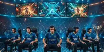 Brazilian eSports team competing in a professional tournament with a large crowd and vibrant lighting.