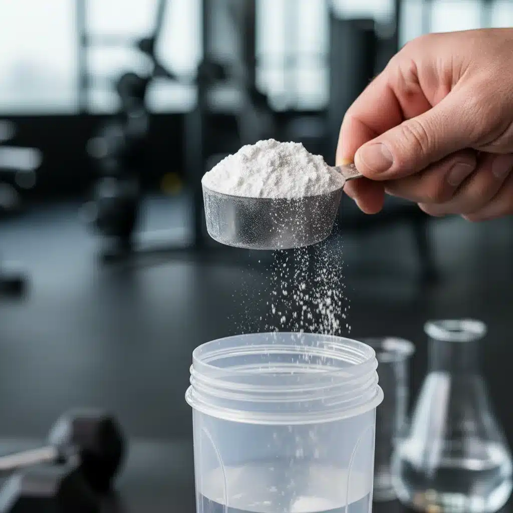Hand scooping creatine powder into a shaker bottle, emphasizing precision in sports supplementation.