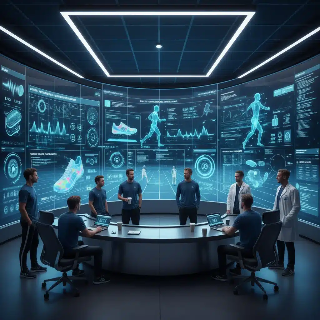 Sports scientists analyzing athlete performance data in a high-tech control room.