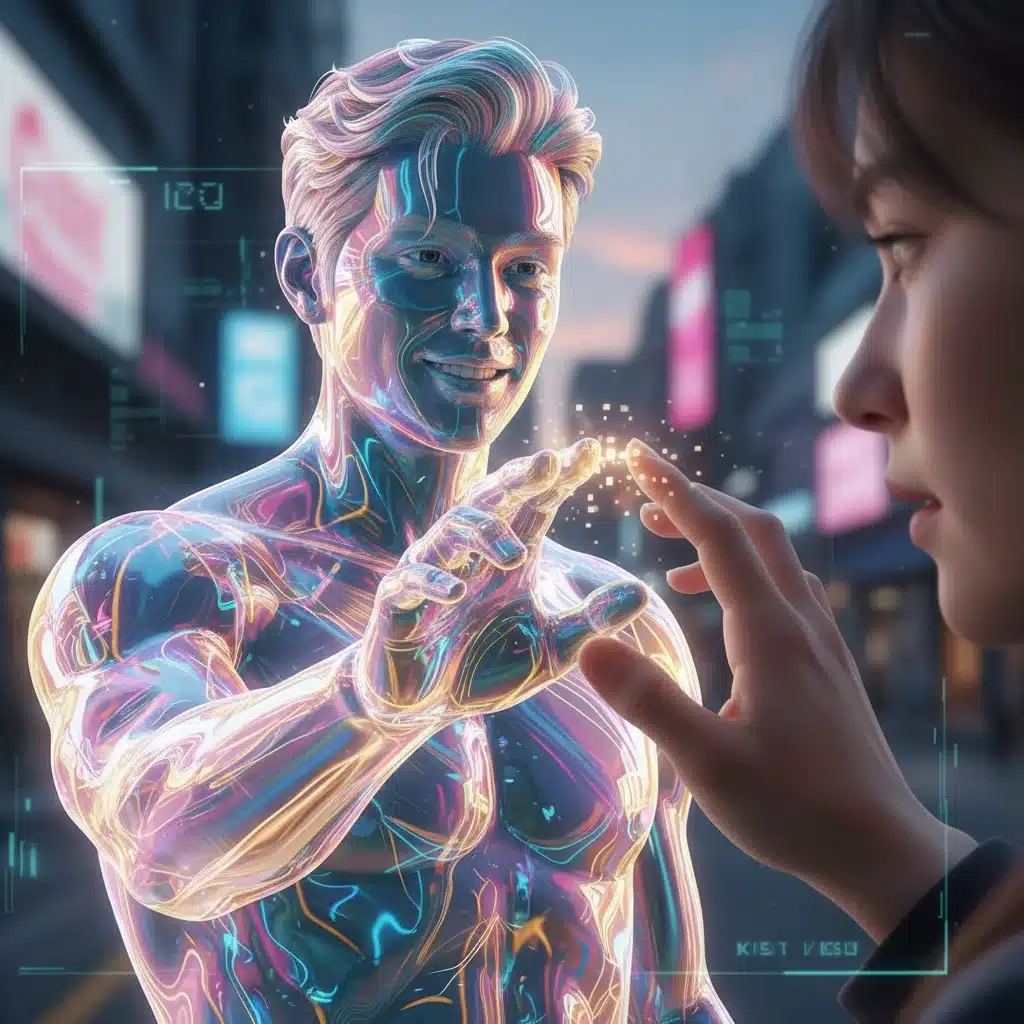 User interacting with a holographic K-drama character through augmented reality technology.