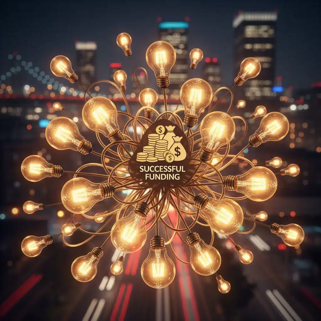 Interconnected light bulbs symbolizing innovative social projects powered by successful funding, with a city backdrop.