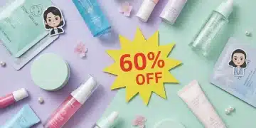 Flat lay of Korean beauty products with a 60% off tag, featuring K-Drama actor favorites.