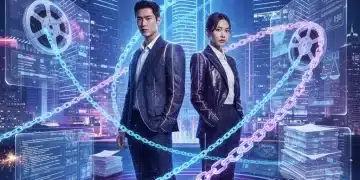 Futuristic K-drama scene with blockchain copyright symbols