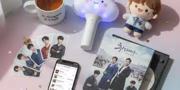 K-Drama merchandise flat lay with discount coupons and loyalty cards