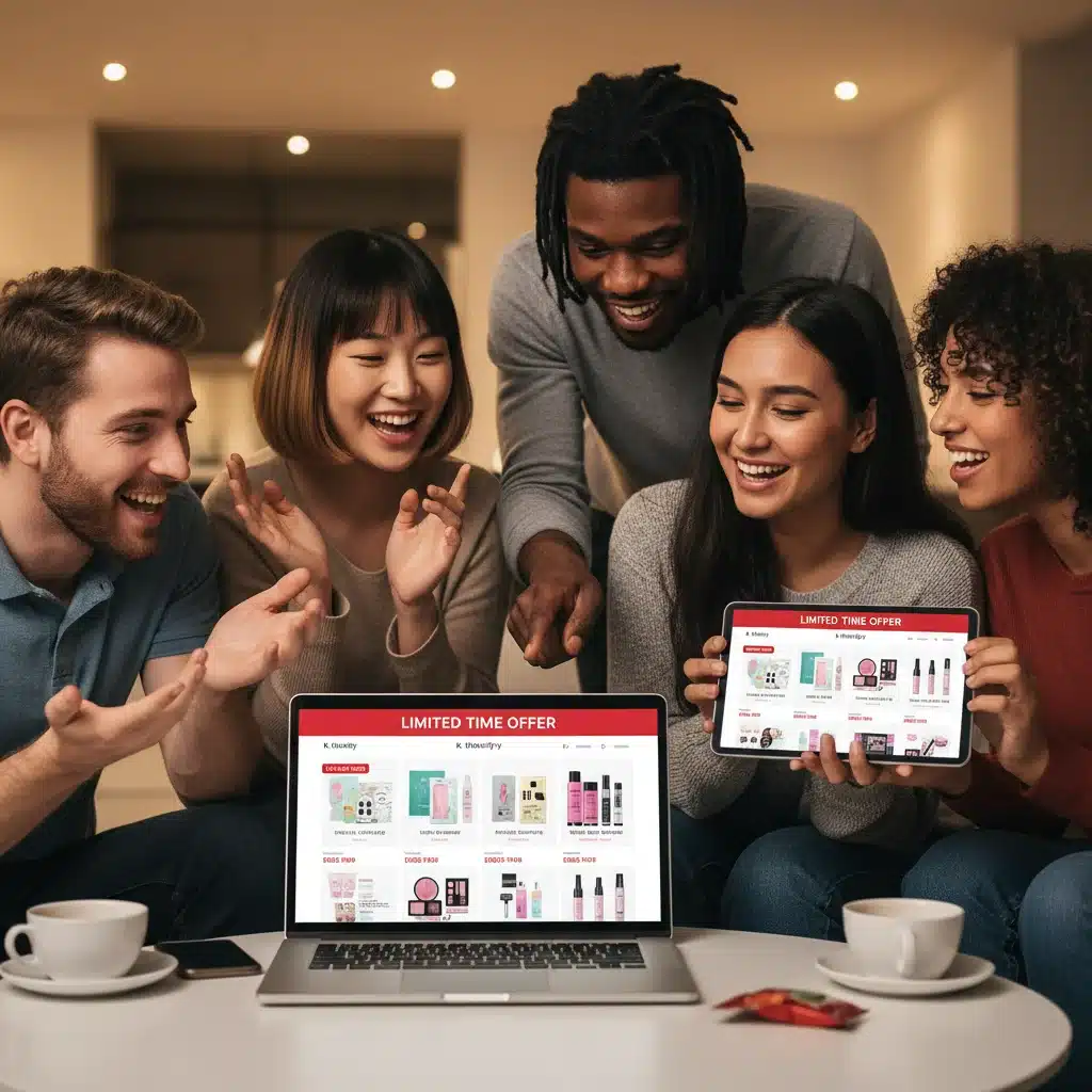 People excitedly shopping for K-Beauty deals online, showcasing discount opportunities.