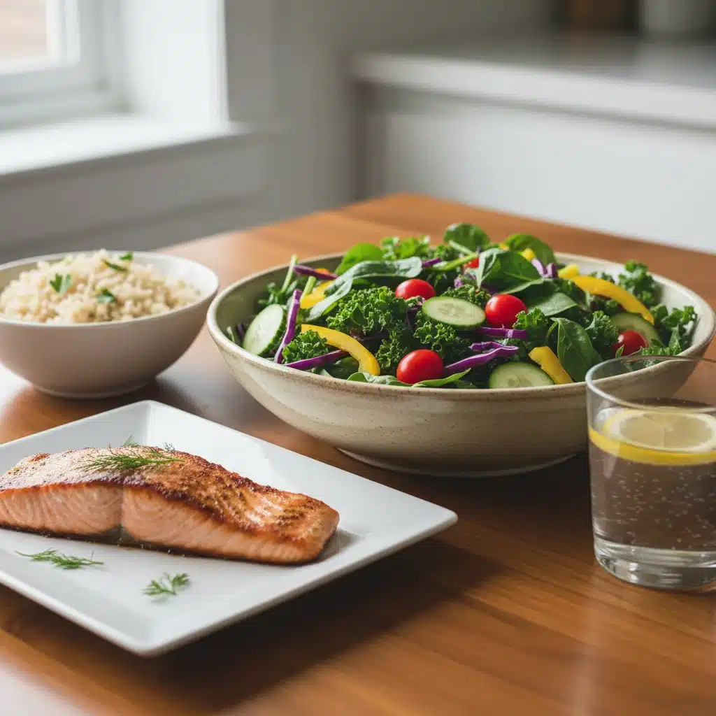 Nutritious meal for athlete recovery, including protein, carbohydrates, and vegetables.