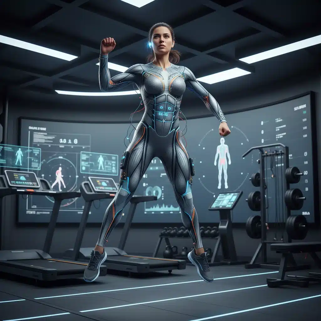 Athlete using smart uniform with integrated sensors for performance tracking.