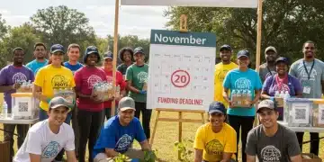 Diverse community collaborating on a social project with a November calendar, symbolizing urgent funding opportunities.