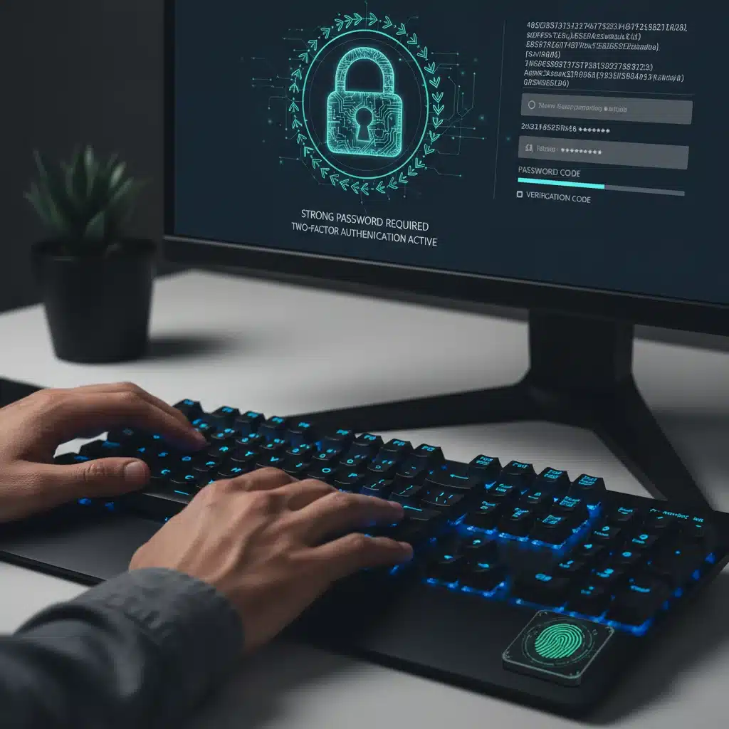 Hand typing strong password with encryption icon