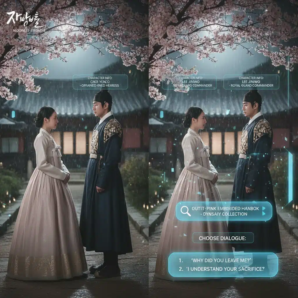Comparison of traditional K-drama versus an augmented reality version with interactive elements and pop-up information.