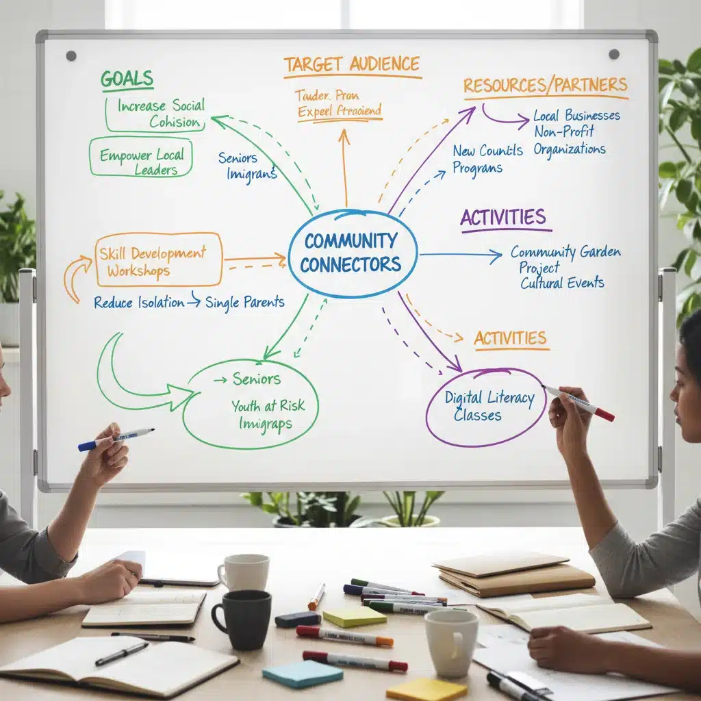 Mind map on whiteboard, hands planning social project strategies and goals.