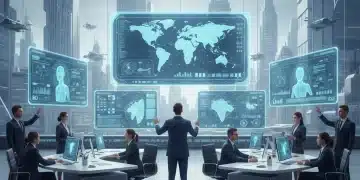 Professionals analyzing AI-driven data dashboards in a modern office environment