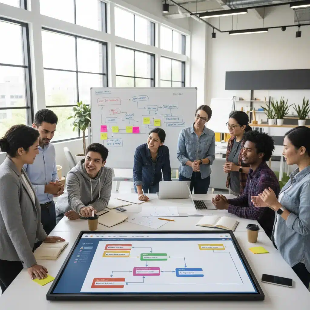 Diverse team collaborating on low-code development, bridging business and IT.