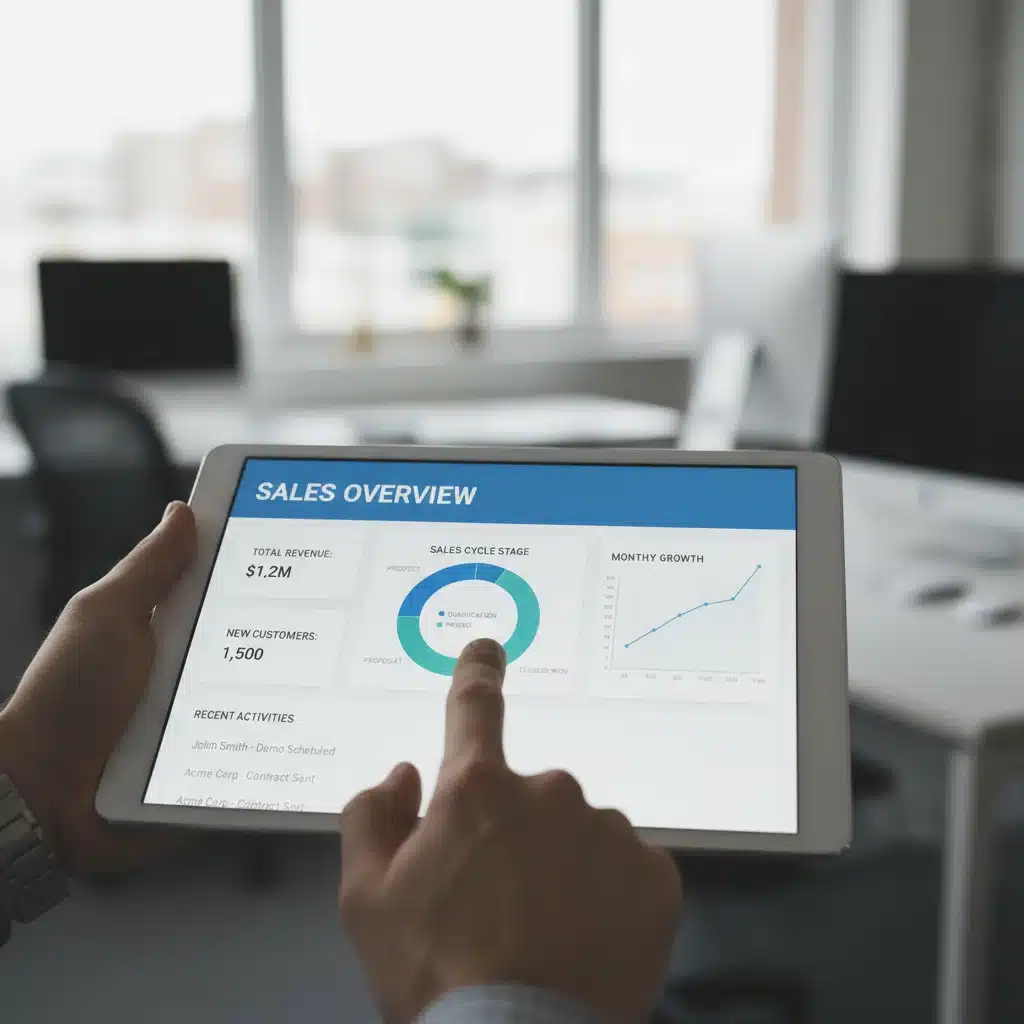 Hand interacting with a CRM dashboard on a tablet