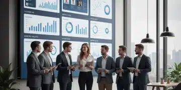 Business professionals analyzing CRM software interfaces on a large screen