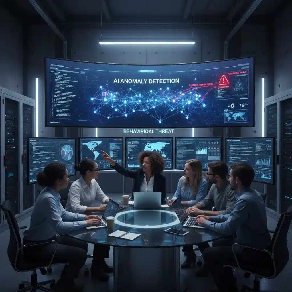Cybersecurity team collaborating with AI in a security operations center