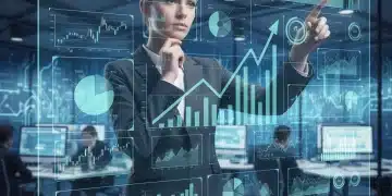 Business professional analyzing data on a futuristic dashboard, showcasing data analytics software capabilities.