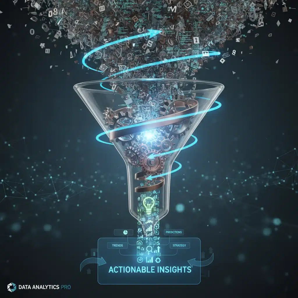 Data transformation funnel, turning raw data into actionable business insights.