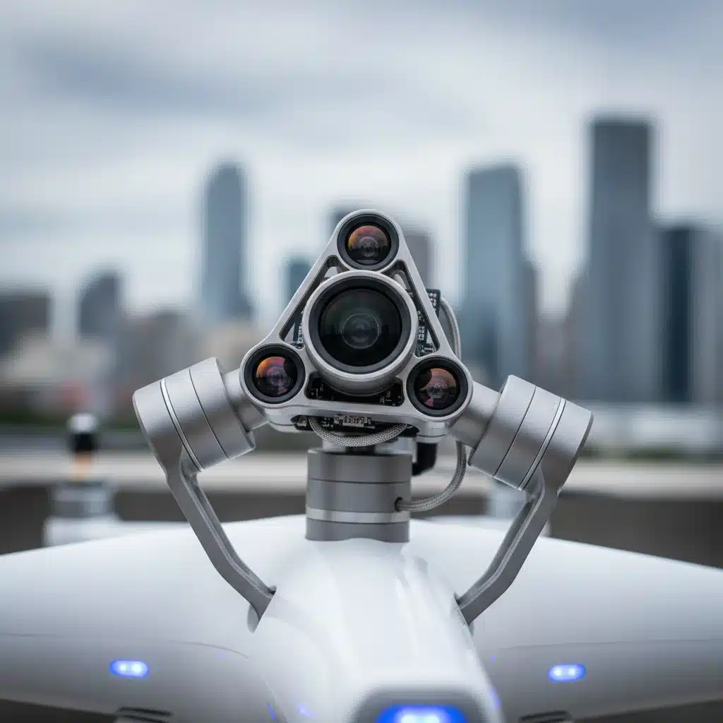 Detailed view of a high-resolution drone camera gimbal with multiple lenses.