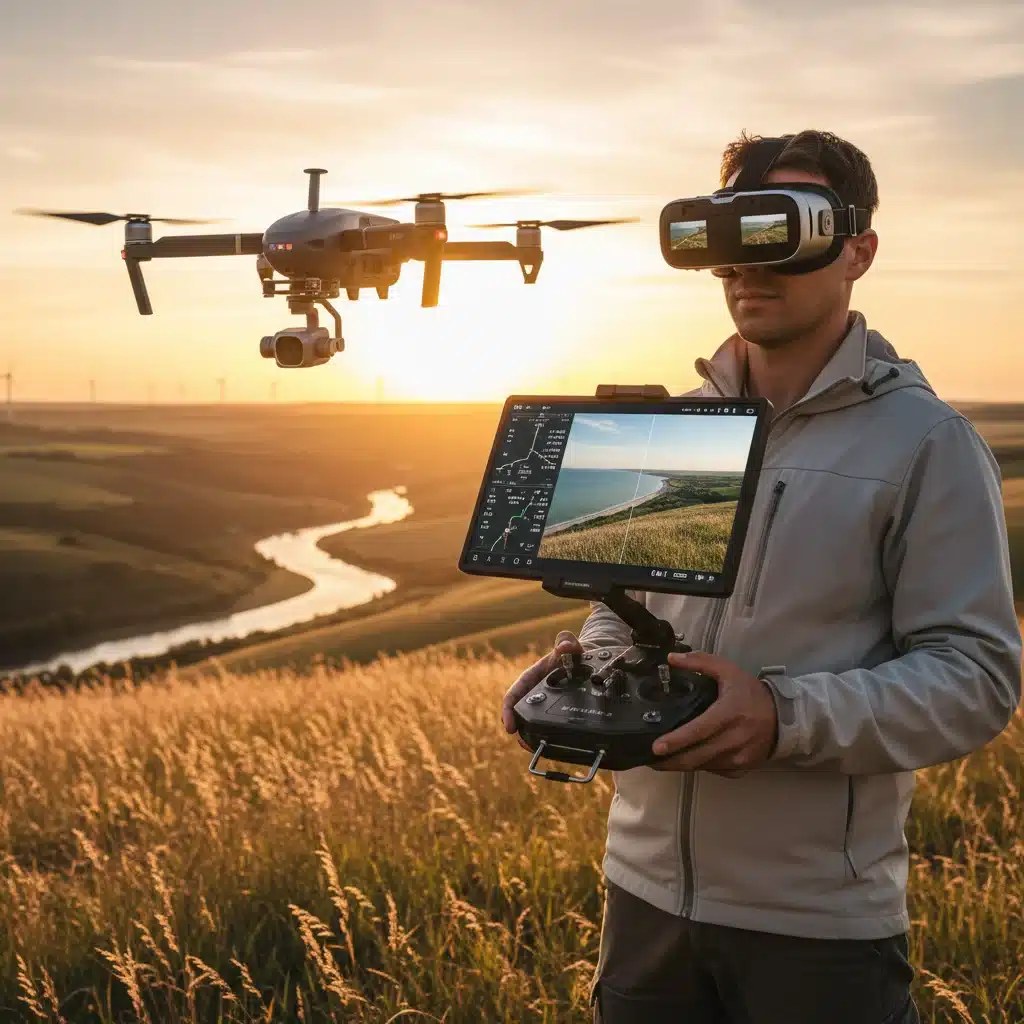Drone pilot using an advanced remote controller with FPV goggles for immersive flight.