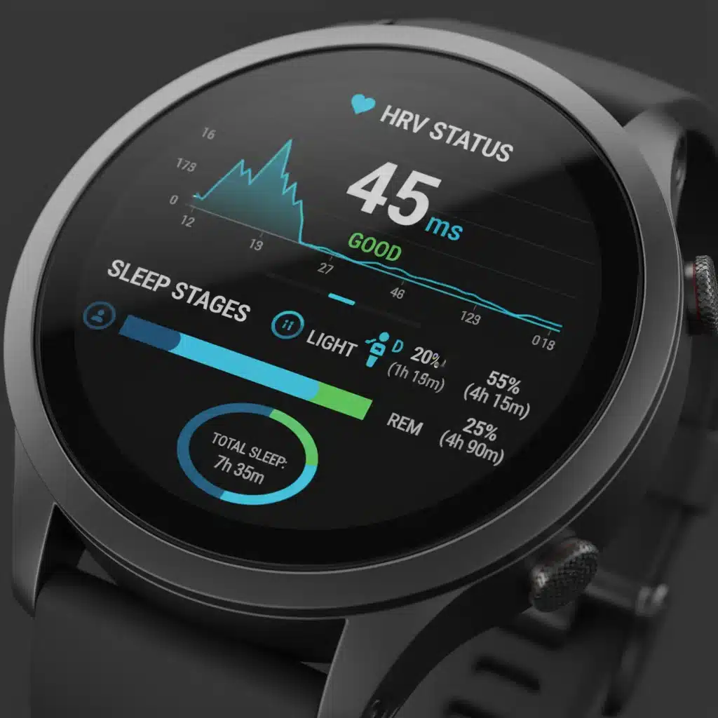 Fitness tracker screen displaying detailed heart rate variability and sleep stage analysis.