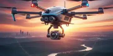 Futuristic drone flying at sunset, showcasing advanced camera and flight capabilities.