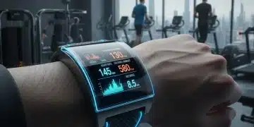 Futuristic fitness tracker displaying health data on a wrist in a modern gym setting for 2026.