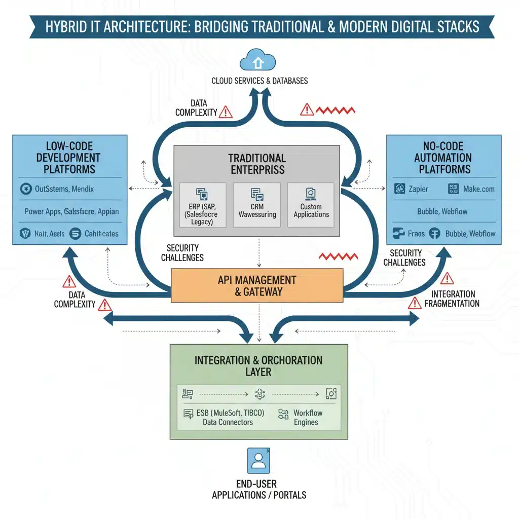 Architectural diagram showing hybrid IT environment with low-code no-code integration.