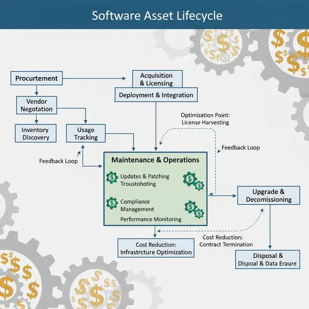 Software asset lifecycle flowchart with cost optimization points
