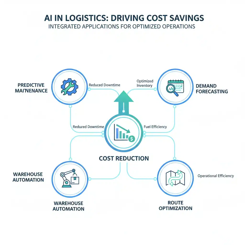 Diagram showcasing AI applications in logistics for cost reduction and efficiency