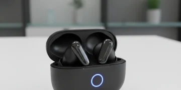 Modern black wireless earbuds in charging case