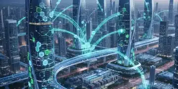 Futuristic cityscape with glowing blockchain networks symbolizing business transparency and security