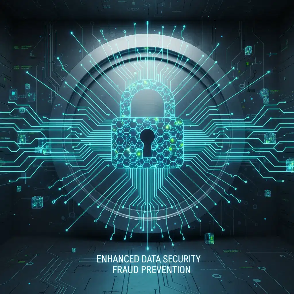 Digital vault with blockchain padlock symbolizing enhanced financial security and fraud prevention