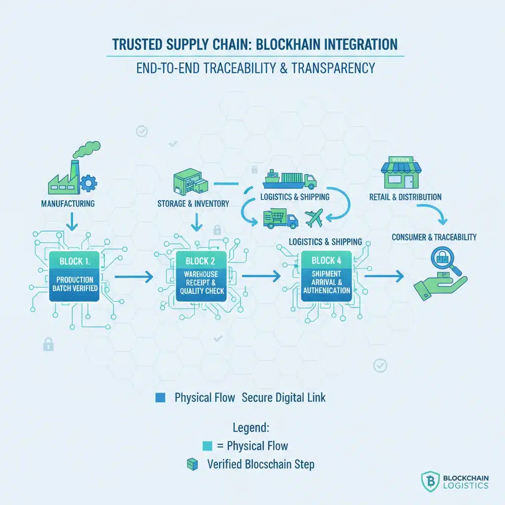 Infographic illustrating blockchain-powered supply chain traceability and transparency