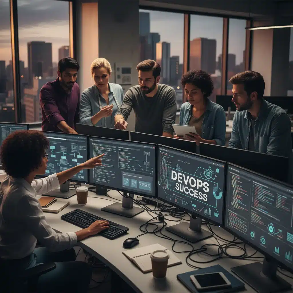 DevOps team collaborating on software development and operations