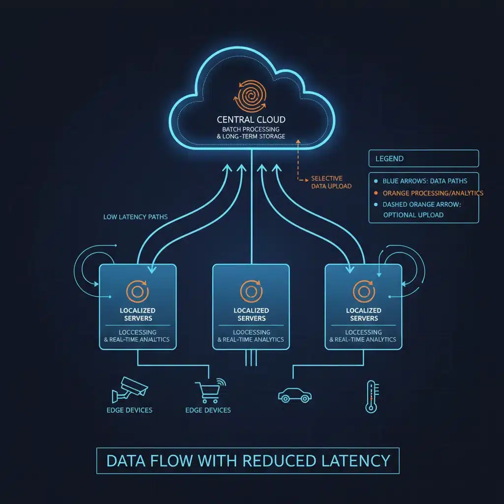 Conceptual diagram showing data flow from edge devices to edge servers and then to the cloud, highlighting distributed processing.