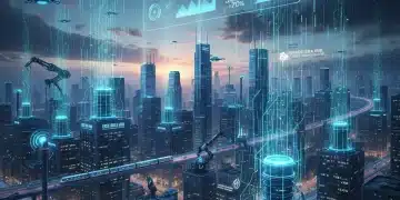 Edge computing infrastructure connecting smart devices in a modern city, symbolizing real-time data processing for US businesses.