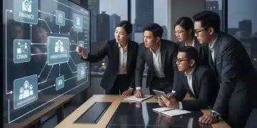 Business team evaluating ERP software on a large screen