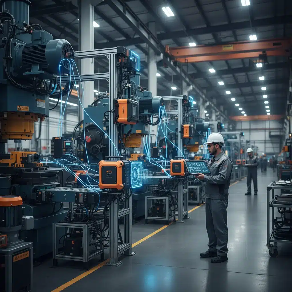 IoT sensors on factory equipment feeding data to an edge computing device for real-time industrial analytics.