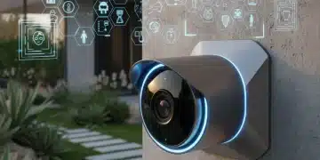 Futuristic smart home security camera with AI features on a modern house